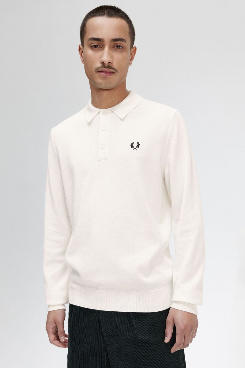 Fred Perry Long Sleeve Knitted Men's Shirt Beige | XMPIV1785