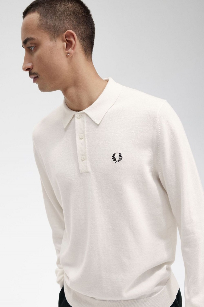 Fred Perry Long Sleeve Knitted Men's Shirt Beige | XMPIV1785