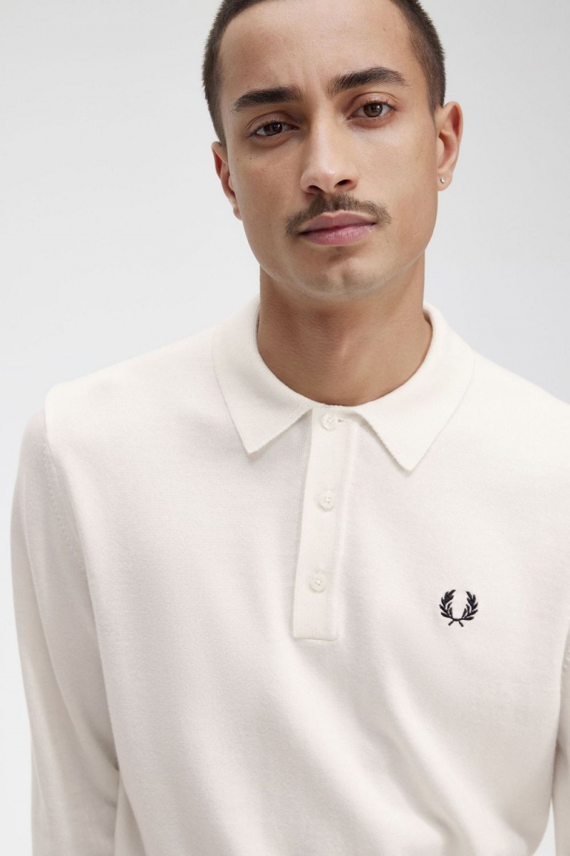 Fred Perry Long Sleeve Knitted Men's Shirt Beige | XMPIV1785