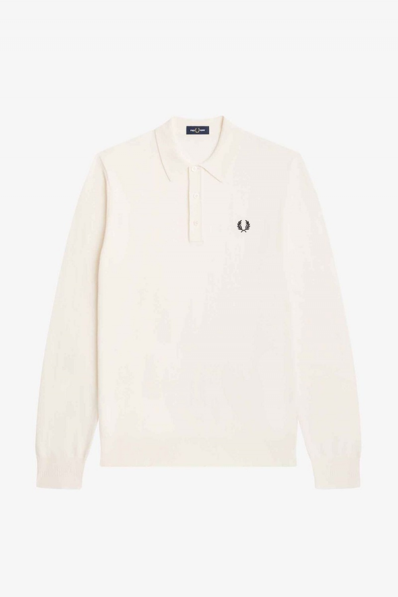 Fred Perry Long Sleeve Knitted Men's Shirt Beige | XMPIV1785