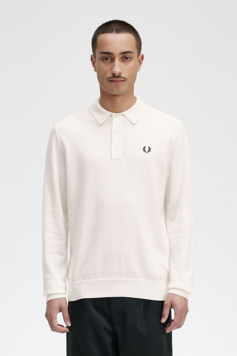 Fred Perry Long Sleeve Knitted Men\'s Shirt Beige | XMPIV1785