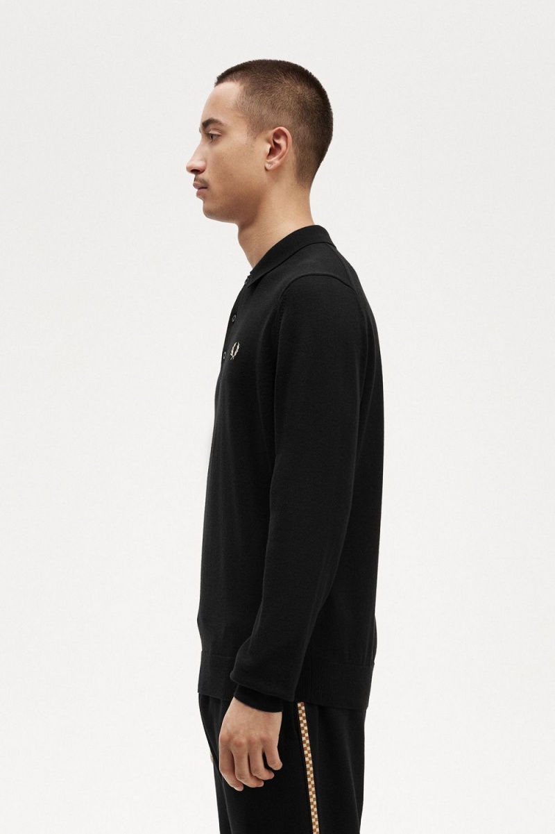 Fred Perry Long Sleeve Knitted Men's Shirt Black | BYQNH9106