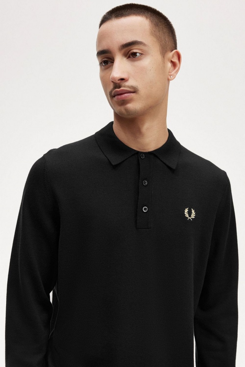 Fred Perry Long Sleeve Knitted Men's Shirt Black | BYQNH9106