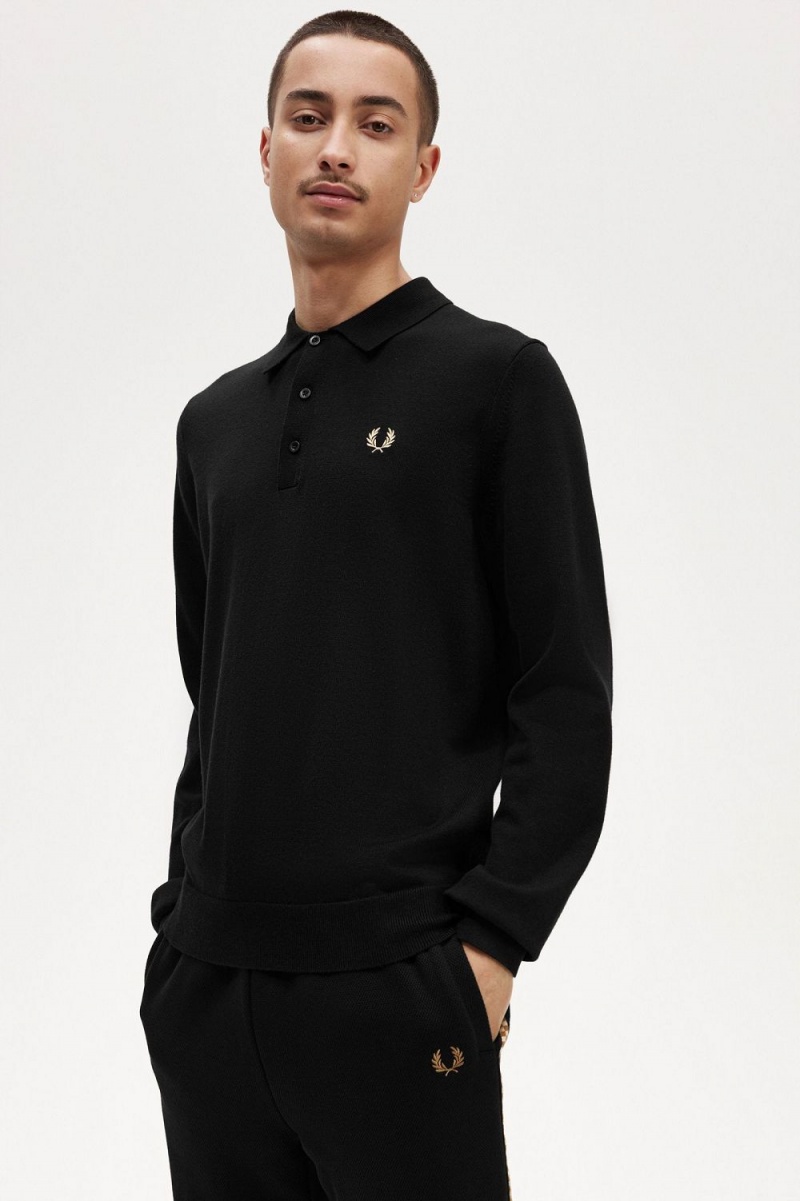 Fred Perry Long Sleeve Knitted Men's Shirt Black | BYQNH9106