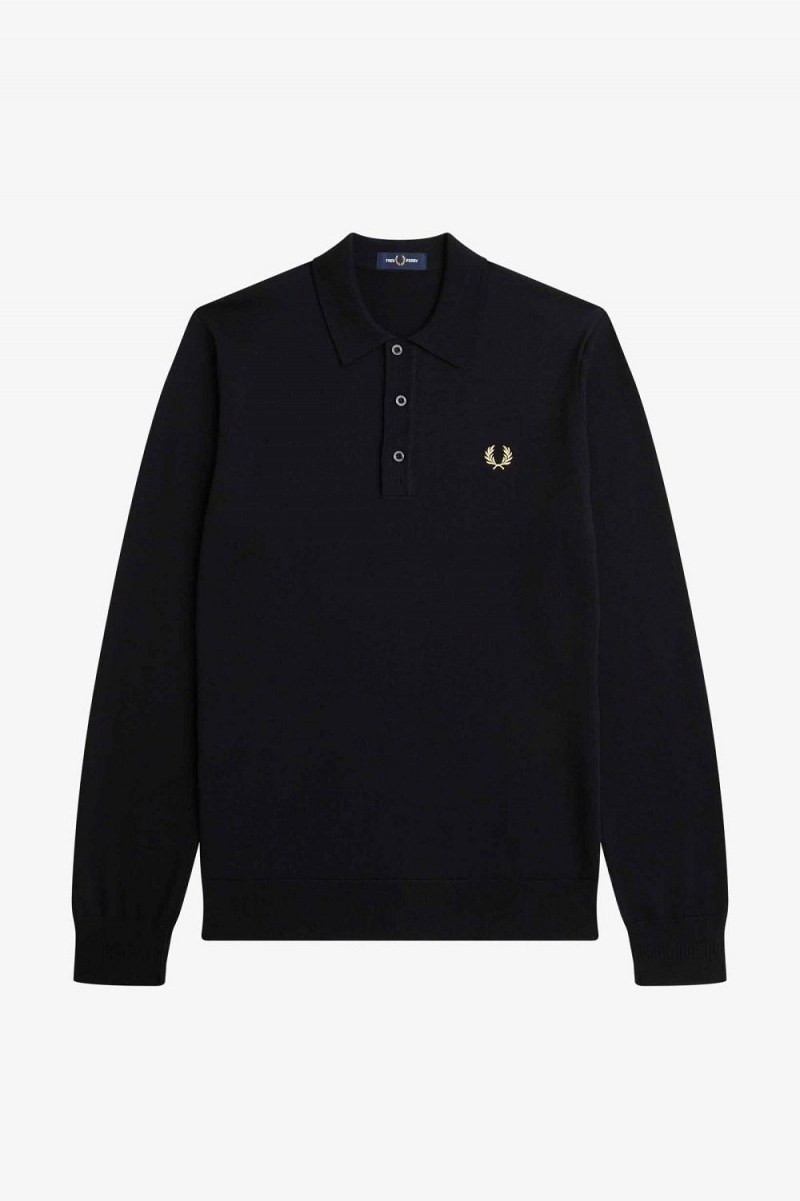 Fred Perry Long Sleeve Knitted Men's Shirt Black | BYQNH9106