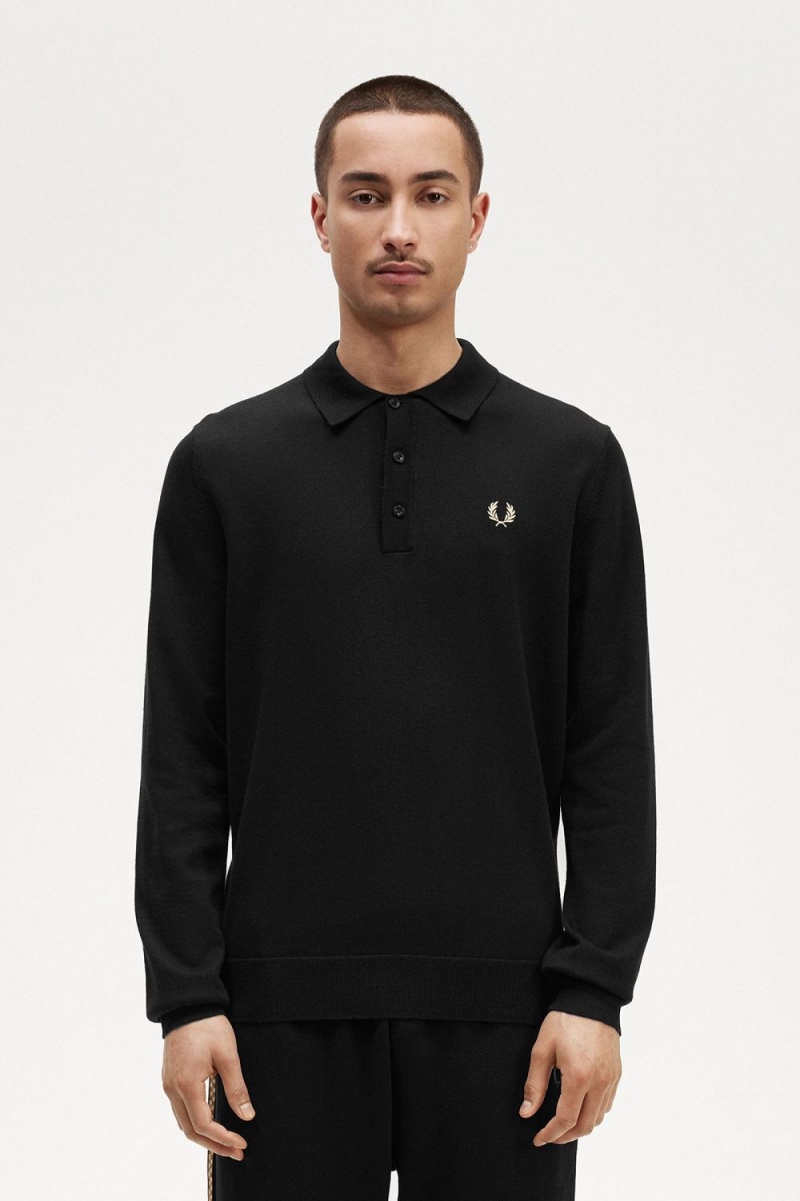 Fred Perry Long Sleeve Knitted Men\'s Shirt Black | BYQNH9106