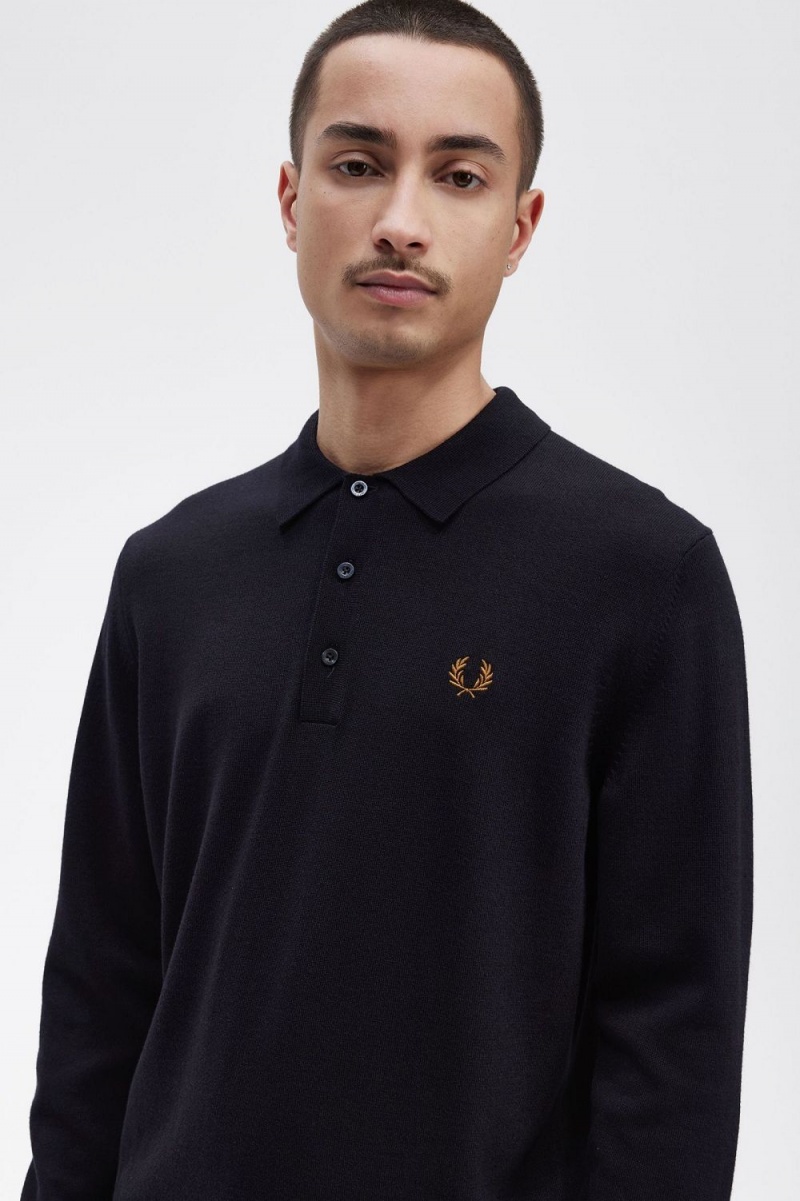 Fred Perry Long Sleeve Knitted Men's Shirt Navy | VCFQY3284