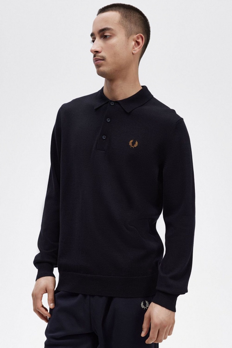 Fred Perry Long Sleeve Knitted Men's Shirt Navy | VCFQY3284