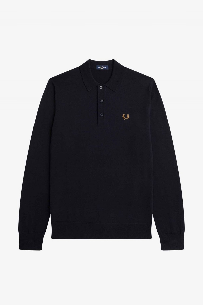 Fred Perry Long Sleeve Knitted Men's Shirt Navy | VCFQY3284