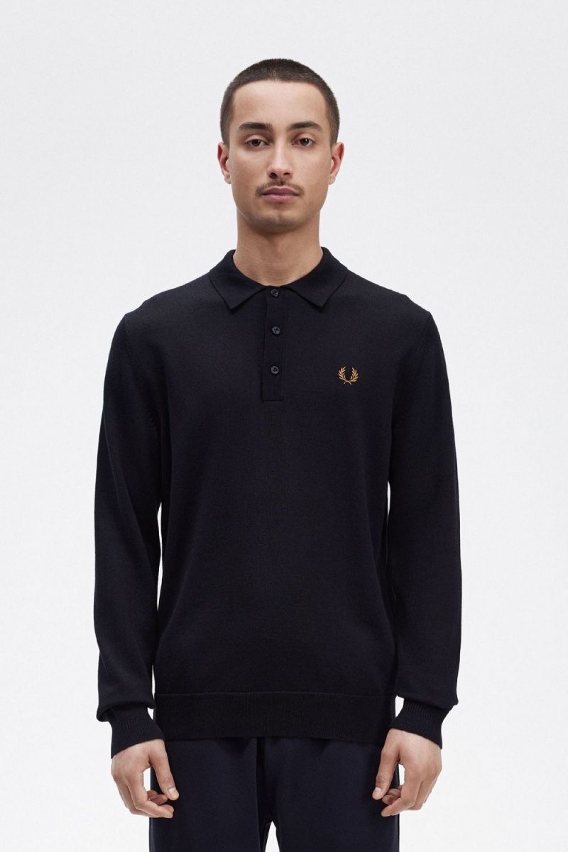 Fred Perry Long Sleeve Knitted Men\'s Shirt Navy | VCFQY3284