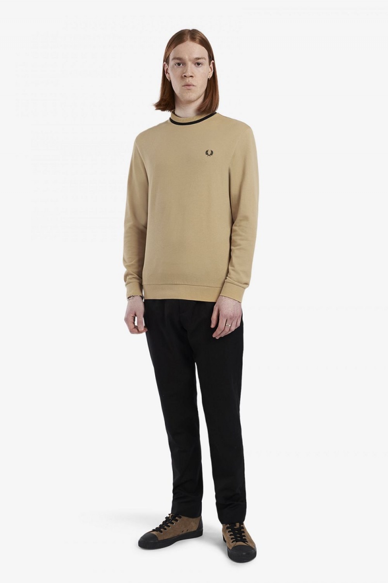 Fred Perry Long Sleeve Piqué Men's T-Shirt Khaki | WXEDK4238