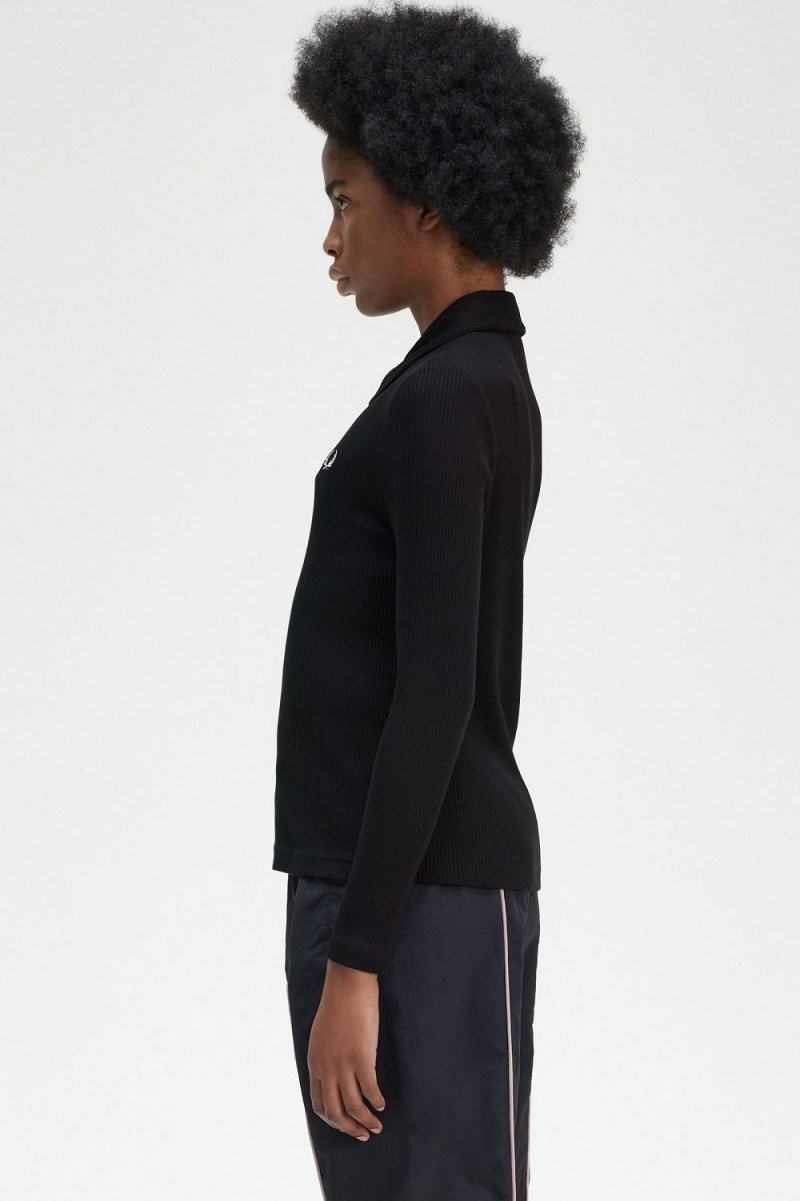 Fred Perry Long Sleeve Ribbed Women's Polo Shirt Black | IXAGH0539