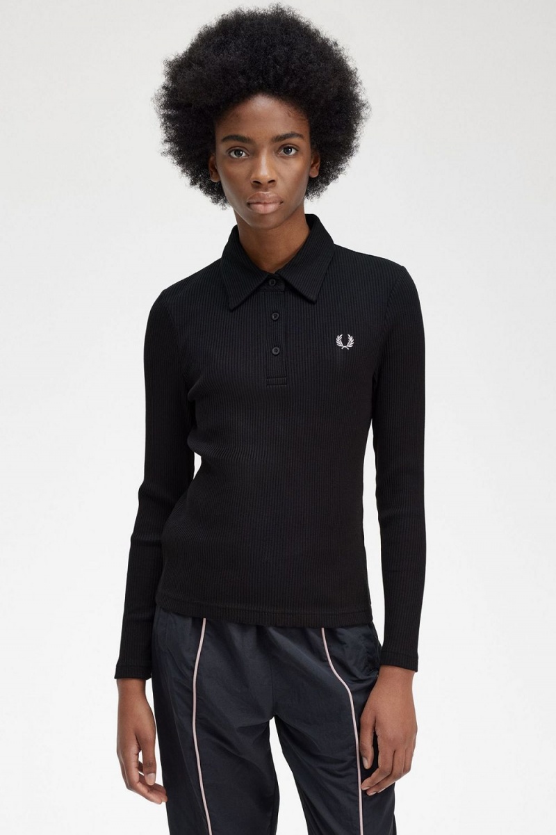 Fred Perry Long Sleeve Ribbed Women's Polo Shirt Black | IXAGH0539