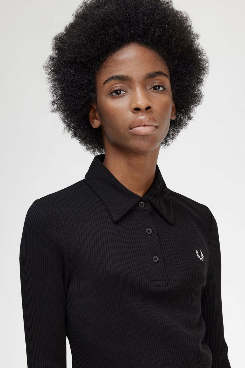 Fred Perry Long Sleeve Ribbed Women's Polo Shirt Black | IXAGH0539