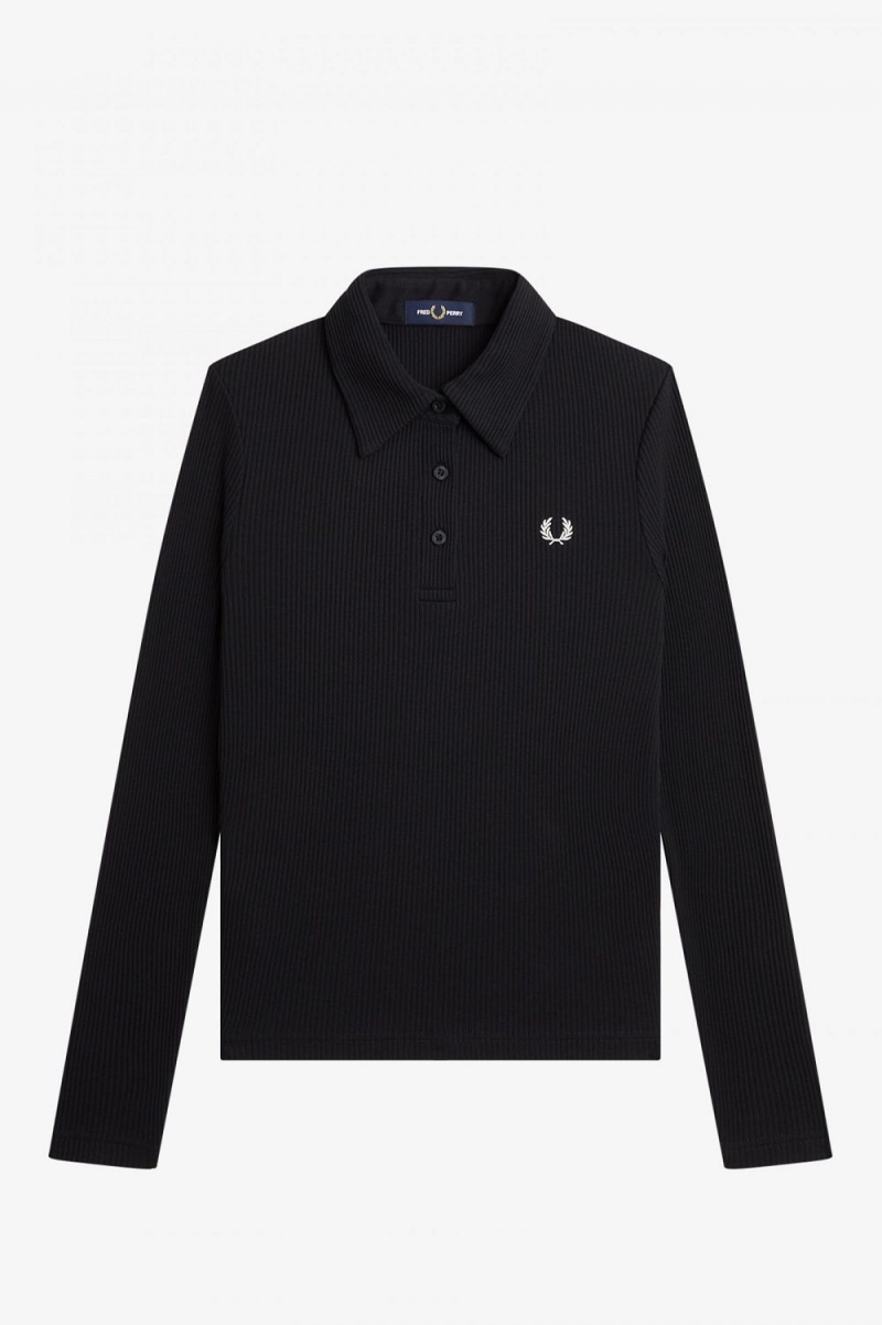 Fred Perry Long Sleeve Ribbed Women's Polo Shirt Black | IXAGH0539