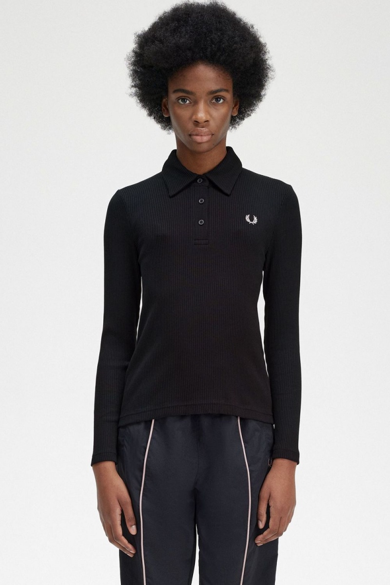 Fred Perry Long Sleeve Ribbed Women\'s Polo Shirt Black | IXAGH0539