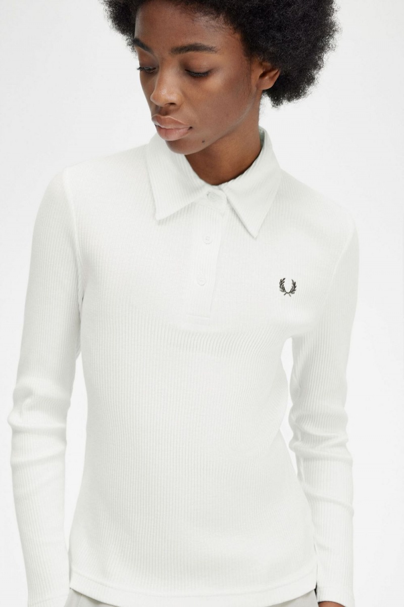 Fred Perry Long Sleeve Ribbed Women's Polo Shirt Snow White | MPDJW6439