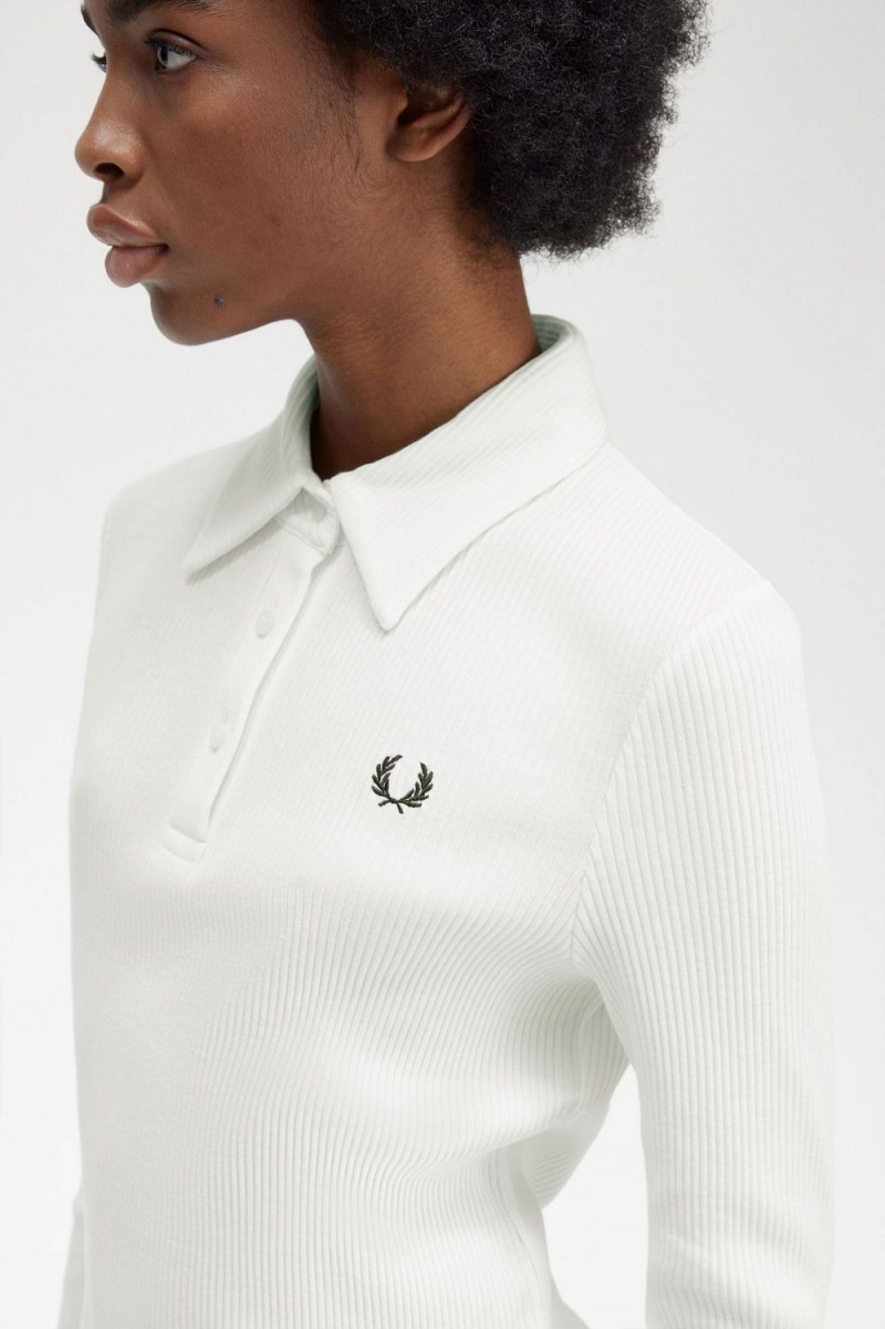 Fred Perry Long Sleeve Ribbed Women's Polo Shirt Snow White | MPDJW6439