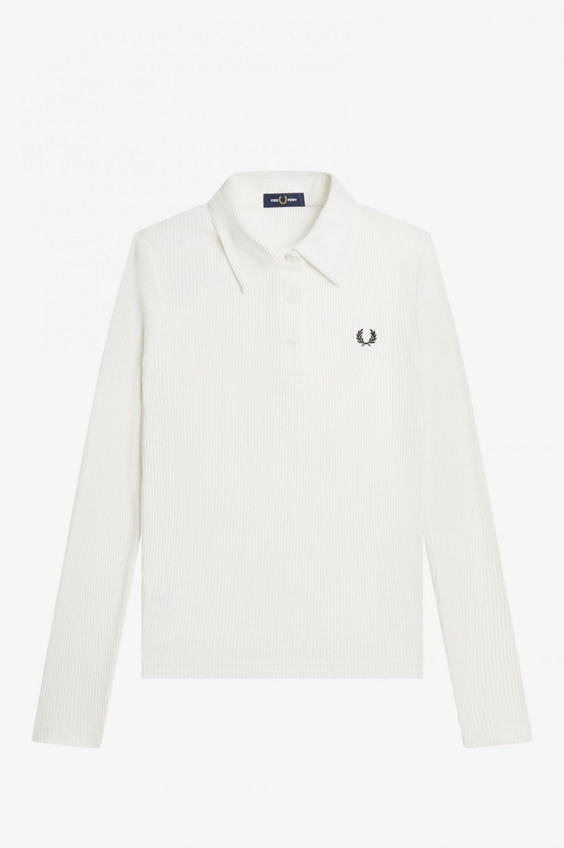 Fred Perry Long Sleeve Ribbed Women's Polo Shirt Snow White | MPDJW6439