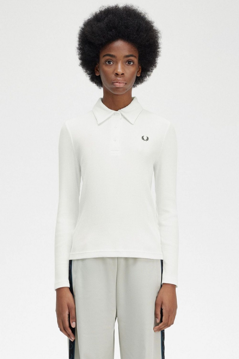 Fred Perry Long Sleeve Ribbed Women\'s Polo Shirt Snow White | MPDJW6439