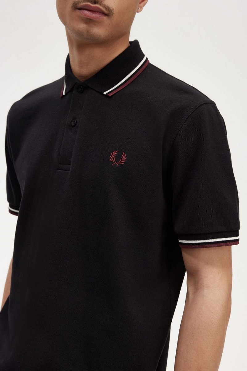 Fred Perry M12 Men's Shirt Black Beige Oxblood | UFDBN4275