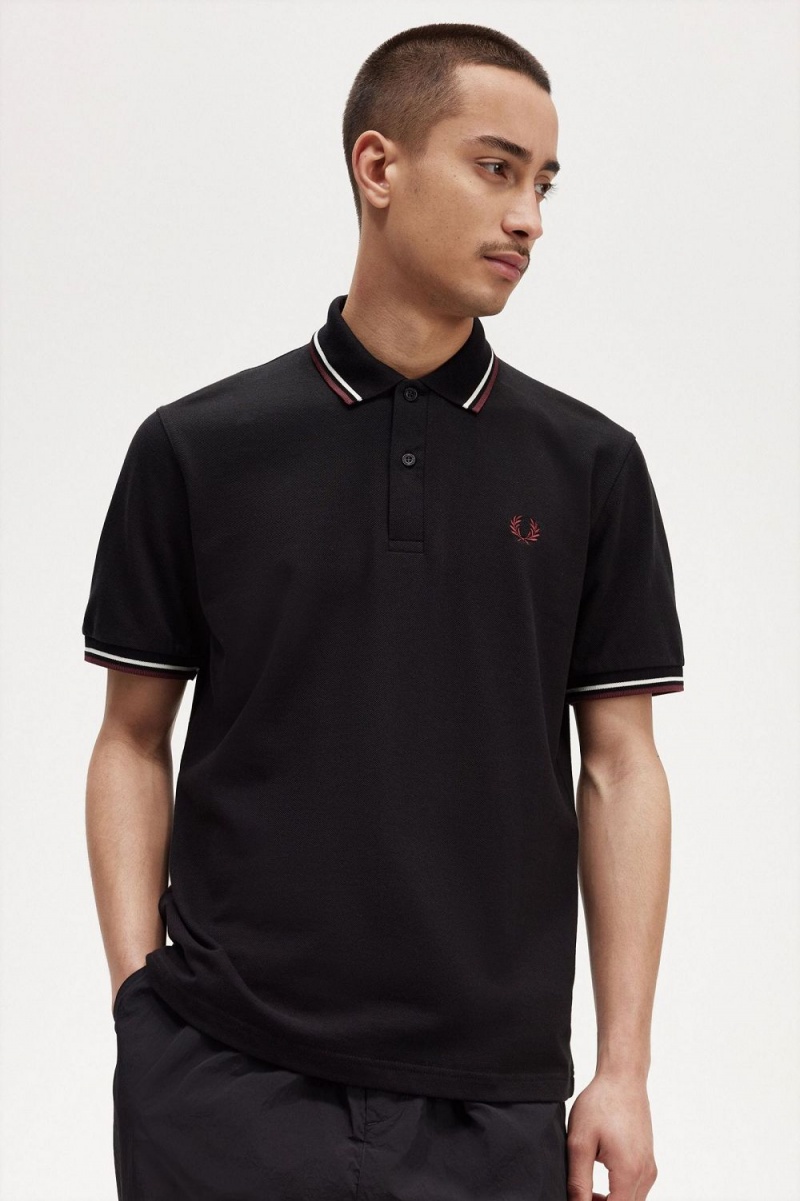 Fred Perry M12 Men's Shirt Black Beige Oxblood | UFDBN4275