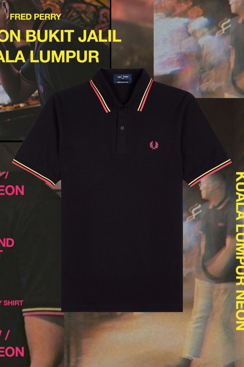 Fred Perry M12 Men's Shirt Black Bright Yellow Kuala Lumpur Neon | RHCGX5892