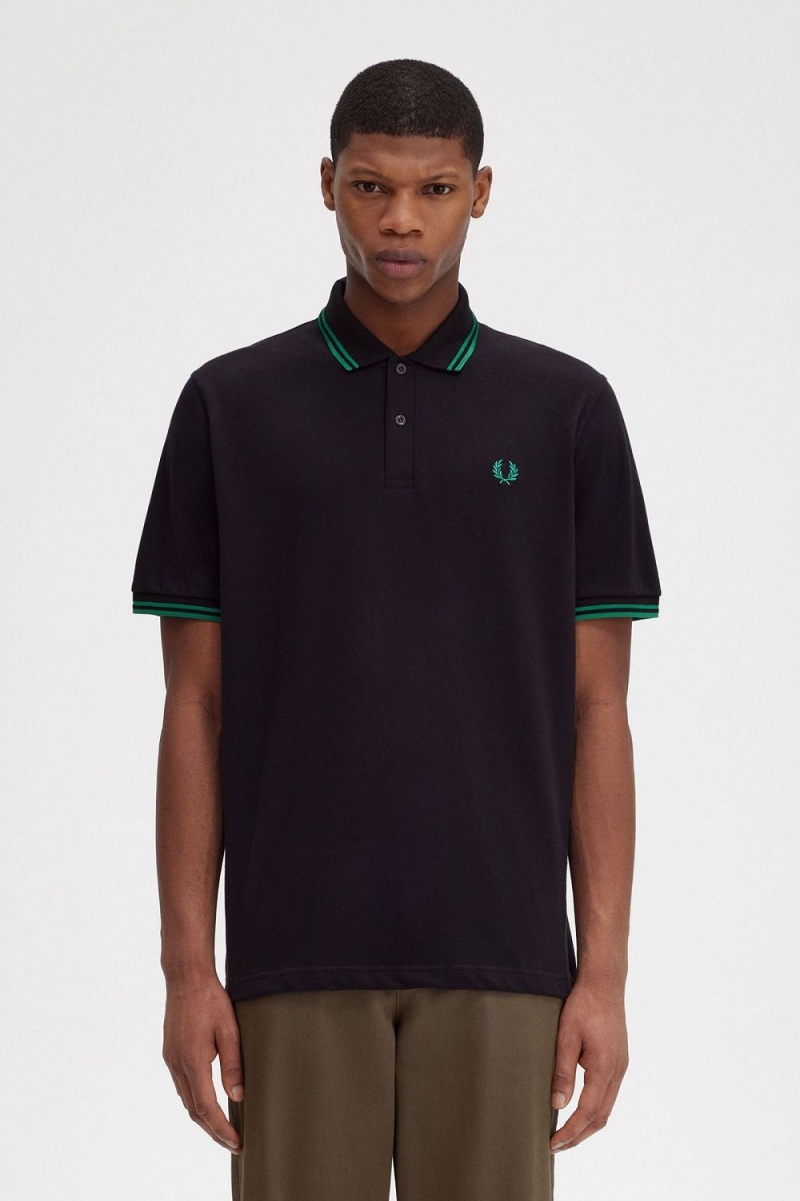 Fred Perry M12 Men\'s Shirt Black Green | OBKRQ7184