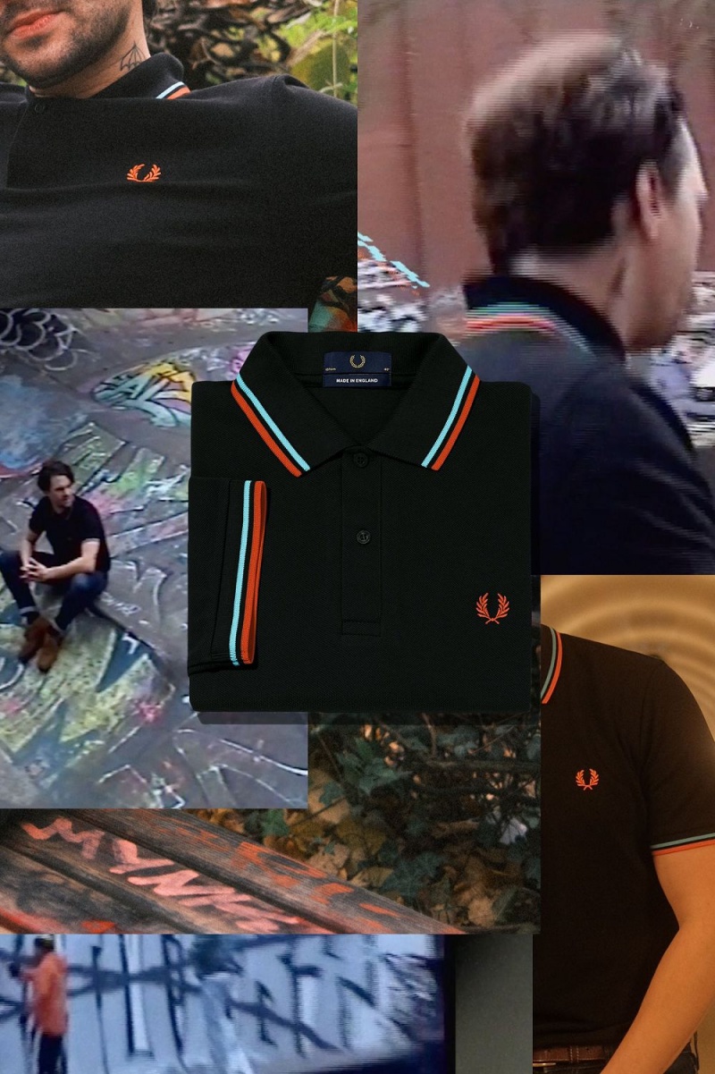 Fred Perry M12 Men's Shirt Black Hamburg Sky Blue Orange Spray Paint | KPDRW7490