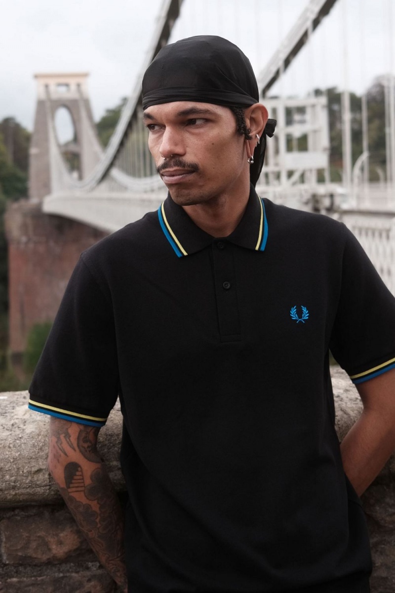 Fred Perry M12 Men's Shirt Black Neon Green Bristol Blue | SEDOA2708