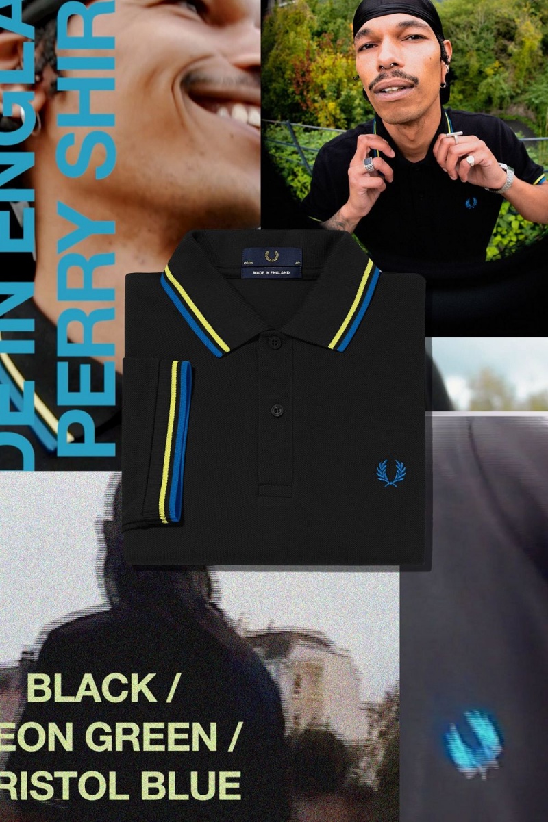 Fred Perry M12 Men's Shirt Black Neon Green Bristol Blue | SEDOA2708