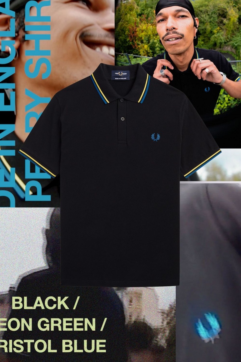 Fred Perry M12 Men's Shirt Black Neon Green Bristol Blue | SEDOA2708