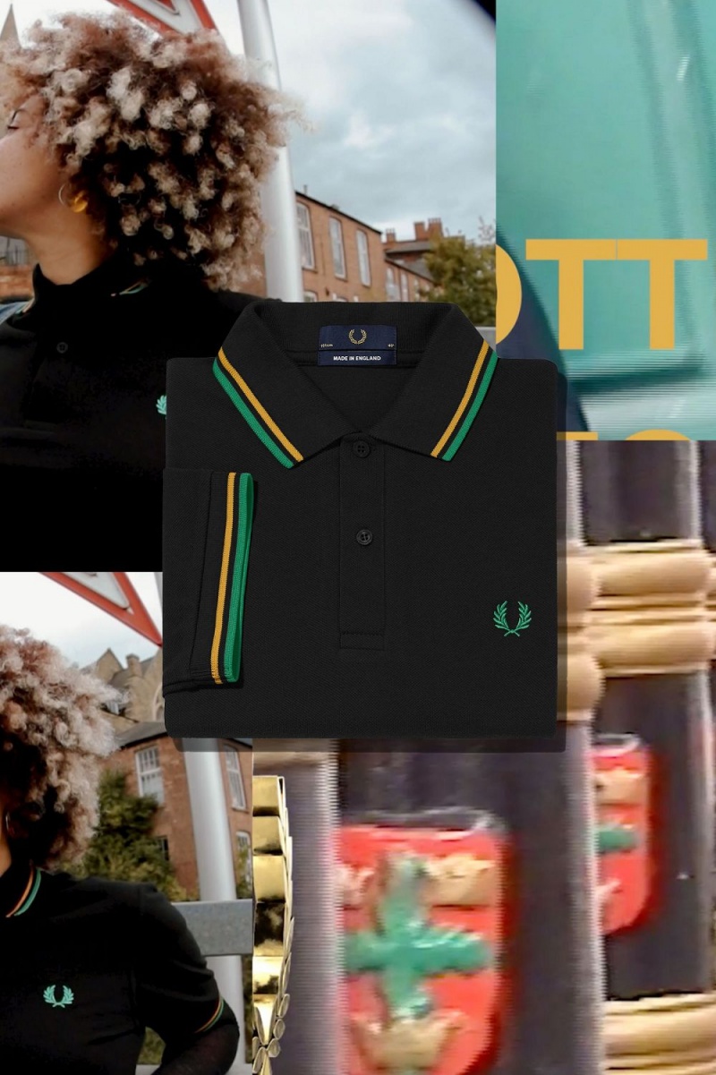 Fred Perry M12 Men's Shirt Black Nottingham Gold Forest Green | PKZQD4803