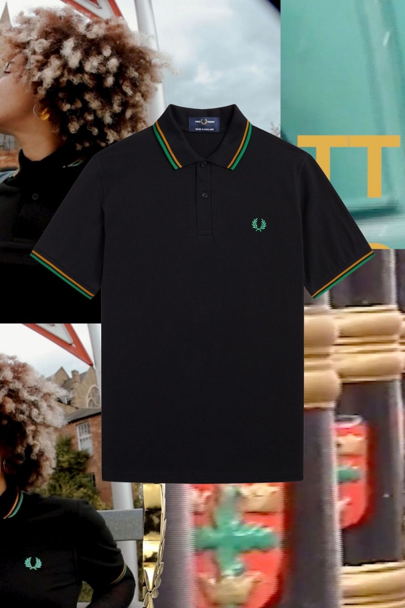 Fred Perry M12 Men's Shirt Black Nottingham Gold Forest Green | PKZQD4803