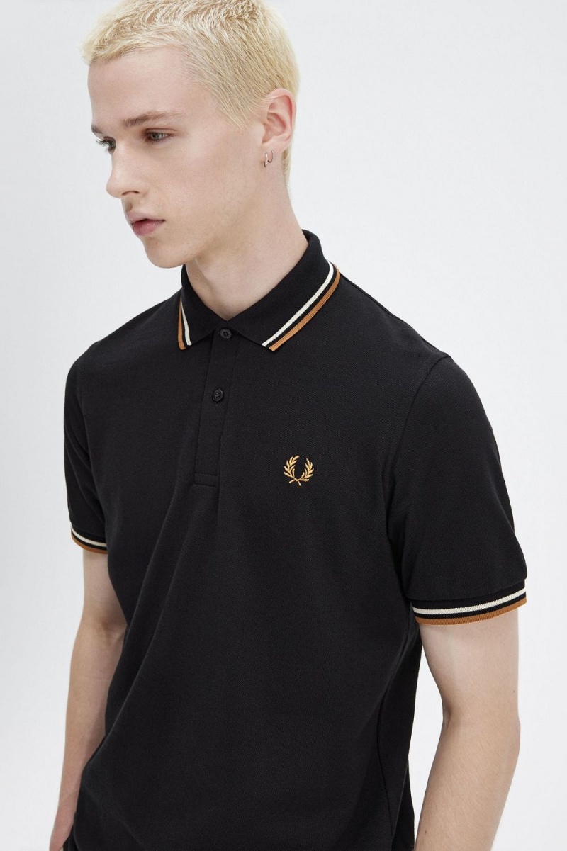 Fred Perry M12 Men's Shirt Black Oatmeal Dark Coffee | WDLSY4976