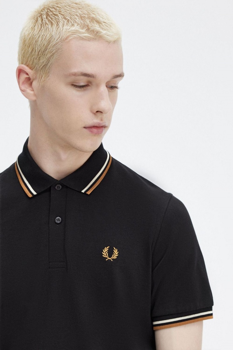 Fred Perry M12 Men's Shirt Black Oatmeal Dark Coffee | WDLSY4976