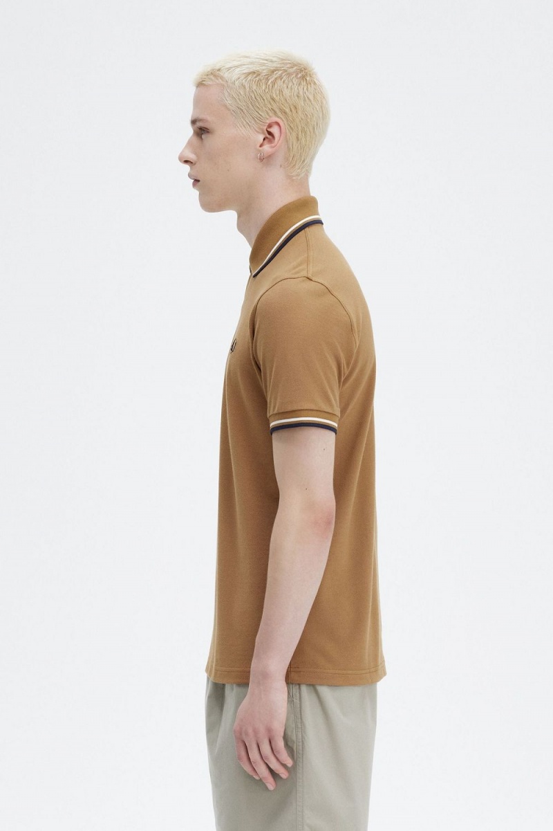 Fred Perry M12 Men's Shirt Dark Coffee Beige Navy | PJUWH2957