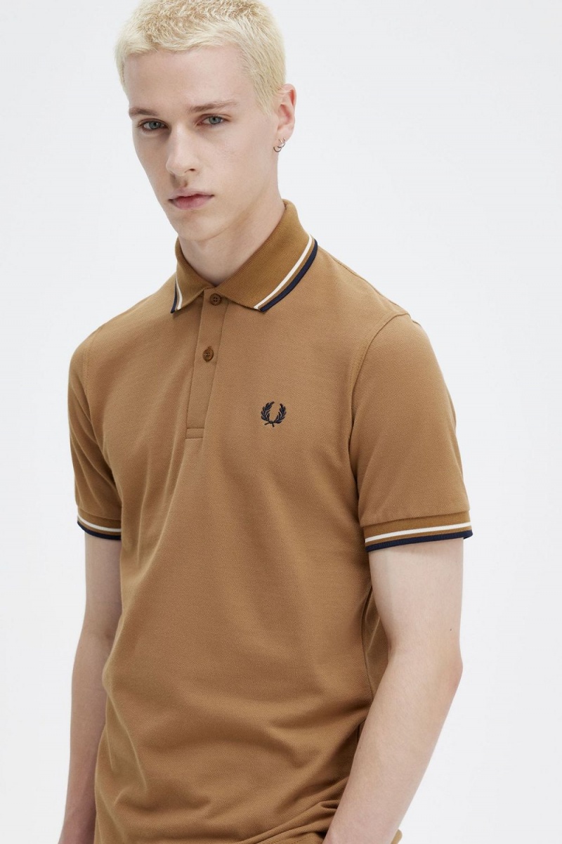 Fred Perry M12 Men's Shirt Dark Coffee Beige Navy | PJUWH2957