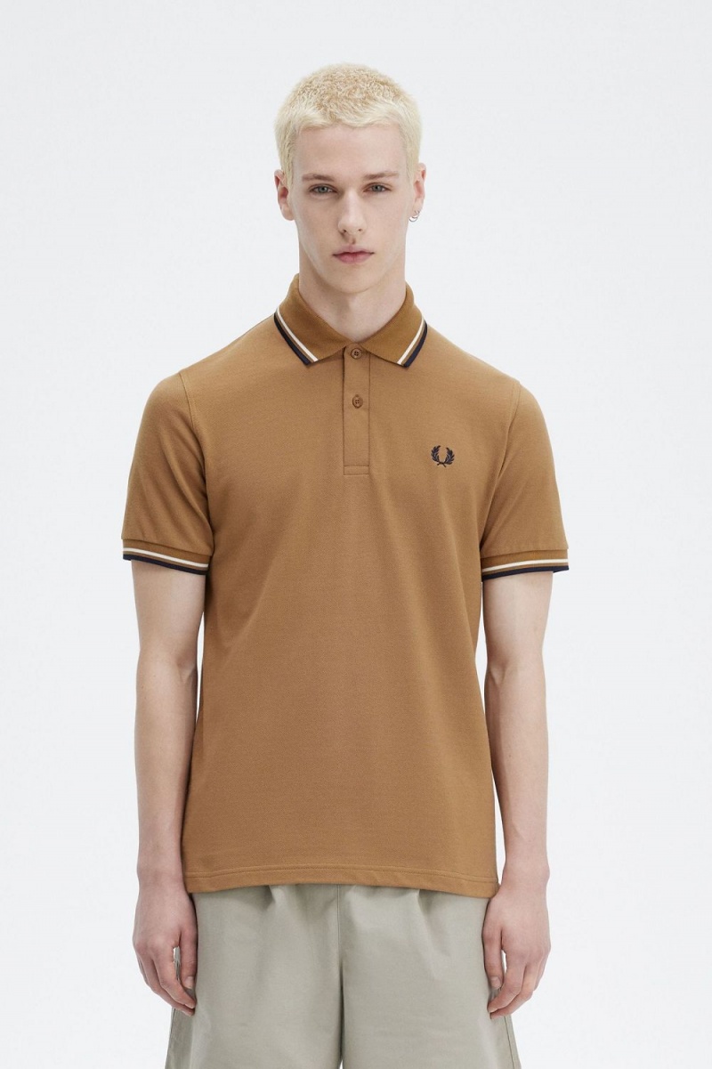 Fred Perry M12 Men\'s Shirt Dark Coffee Beige Navy | PJUWH2957