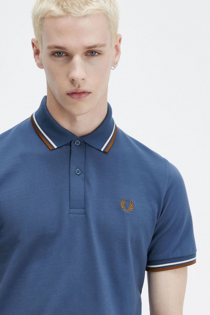 Fred Perry M12 Men's Shirt Midnight Blue Beige Dark Coffee | IQKVD5306