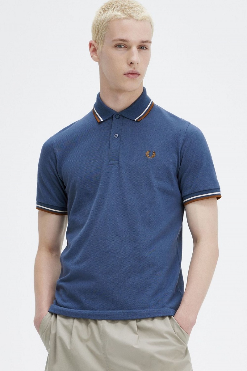 Fred Perry M12 Men's Shirt Midnight Blue Beige Dark Coffee | IQKVD5306