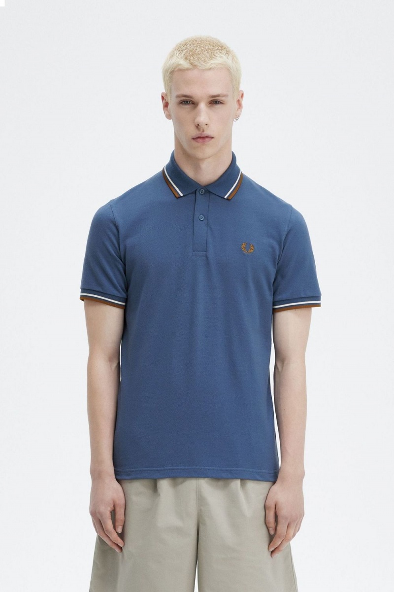 Fred Perry M12 Men\'s Shirt Midnight Blue Beige Dark Coffee | IQKVD5306