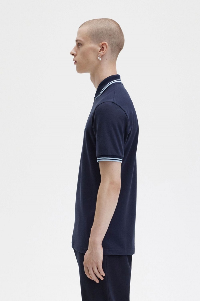 Fred Perry M12 Men's Shirt Navy Aqua Aqua | FGLQM1673