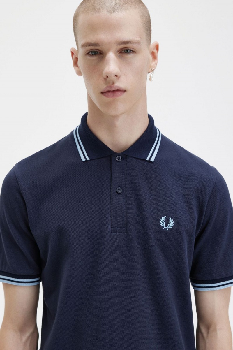 Fred Perry M12 Men's Shirt Navy Aqua Aqua | FGLQM1673