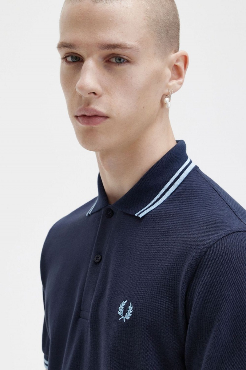 Fred Perry M12 Men's Shirt Navy Aqua Aqua | FGLQM1673