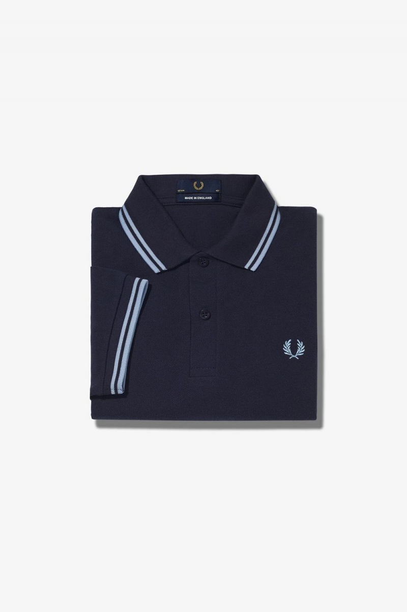 Fred Perry M12 Men's Shirt Navy Aqua Aqua | FGLQM1673