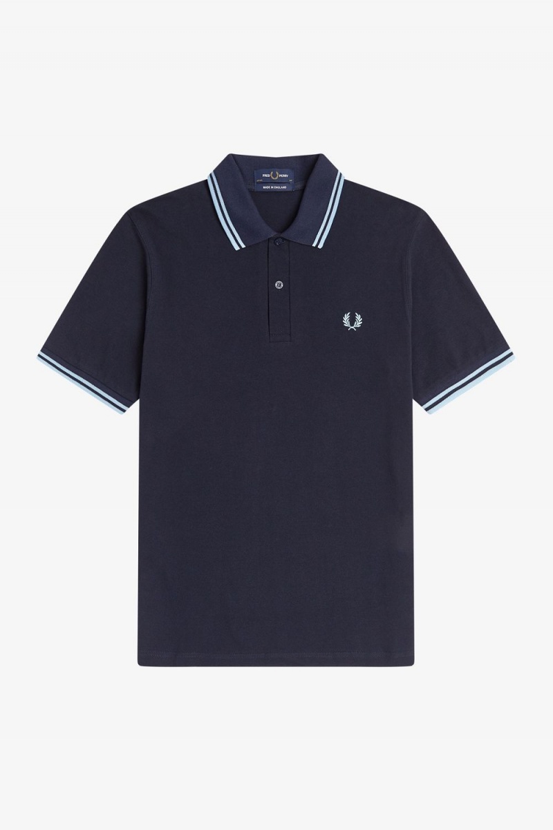 Fred Perry M12 Men's Shirt Navy Aqua Aqua | FGLQM1673