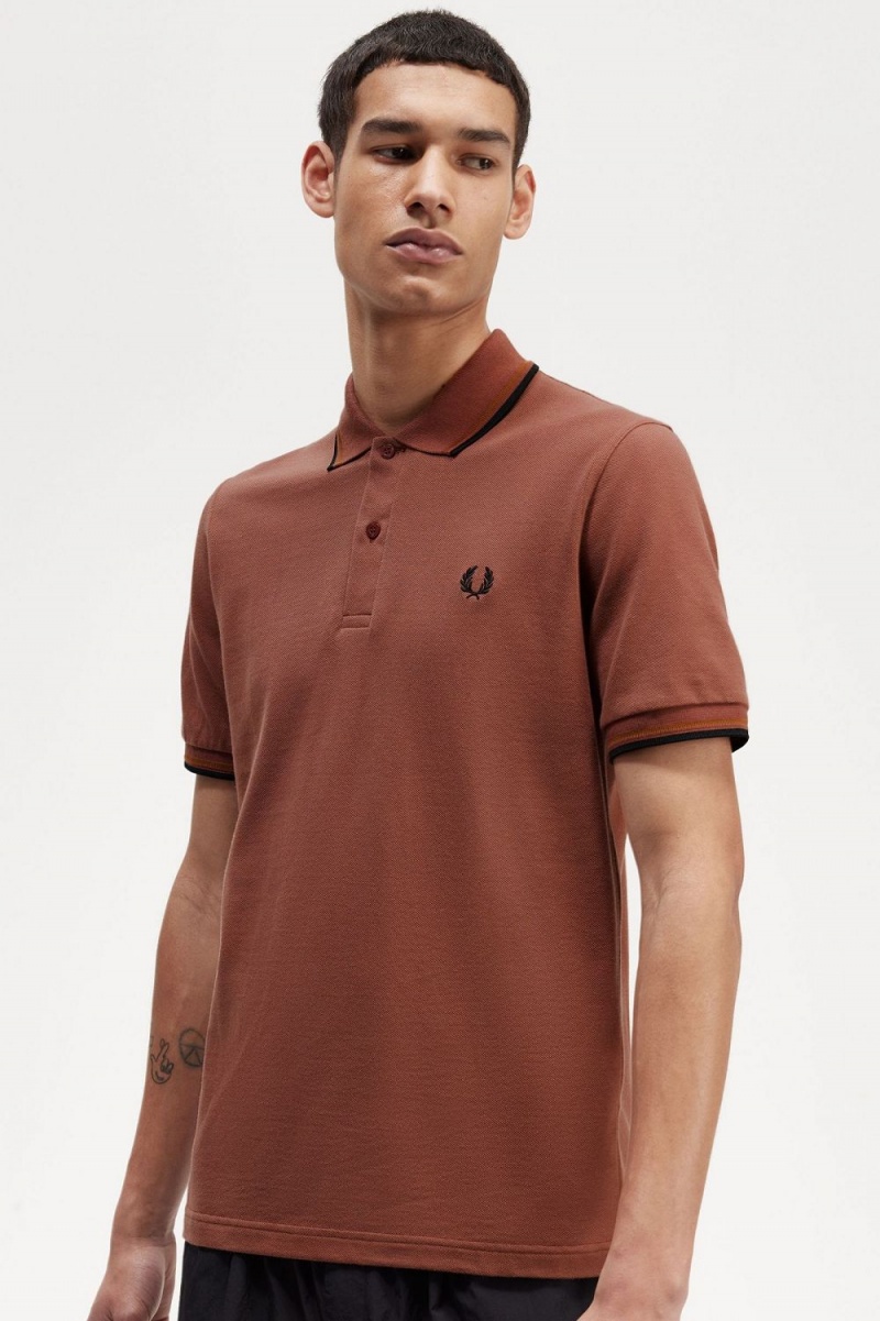 Fred Perry M12 Men's Shirt Whisky Brown Dark Coffee Black | COQTP1048