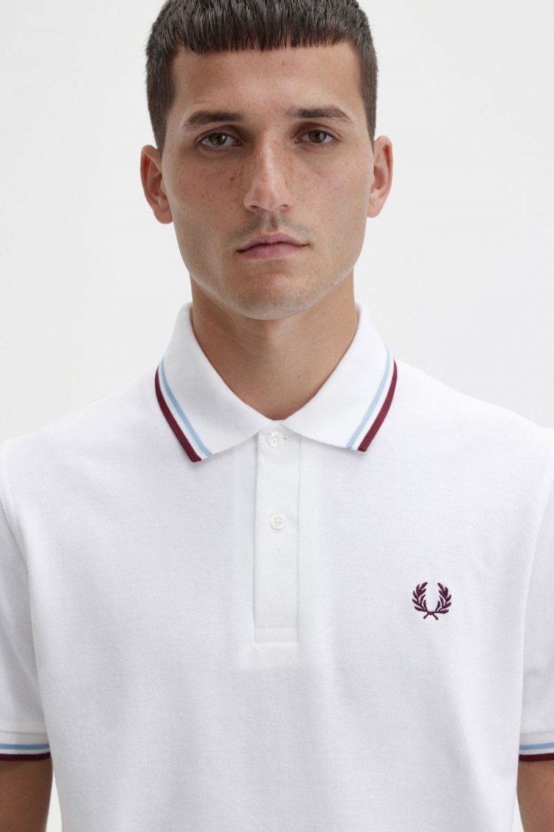 Fred Perry M12 Men's Shirt White Aqua Maroon | TOFPB0971