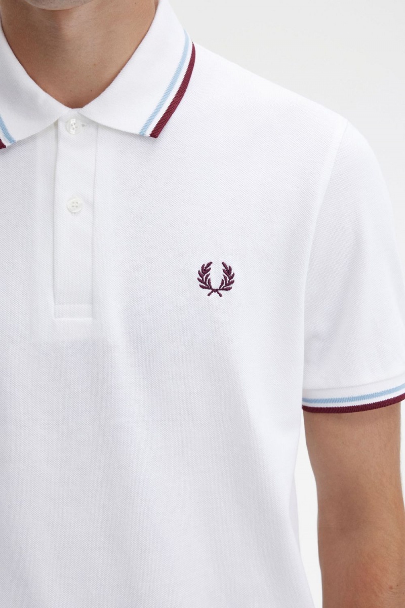 Fred Perry M12 Men's Shirt White Aqua Maroon | TOFPB0971